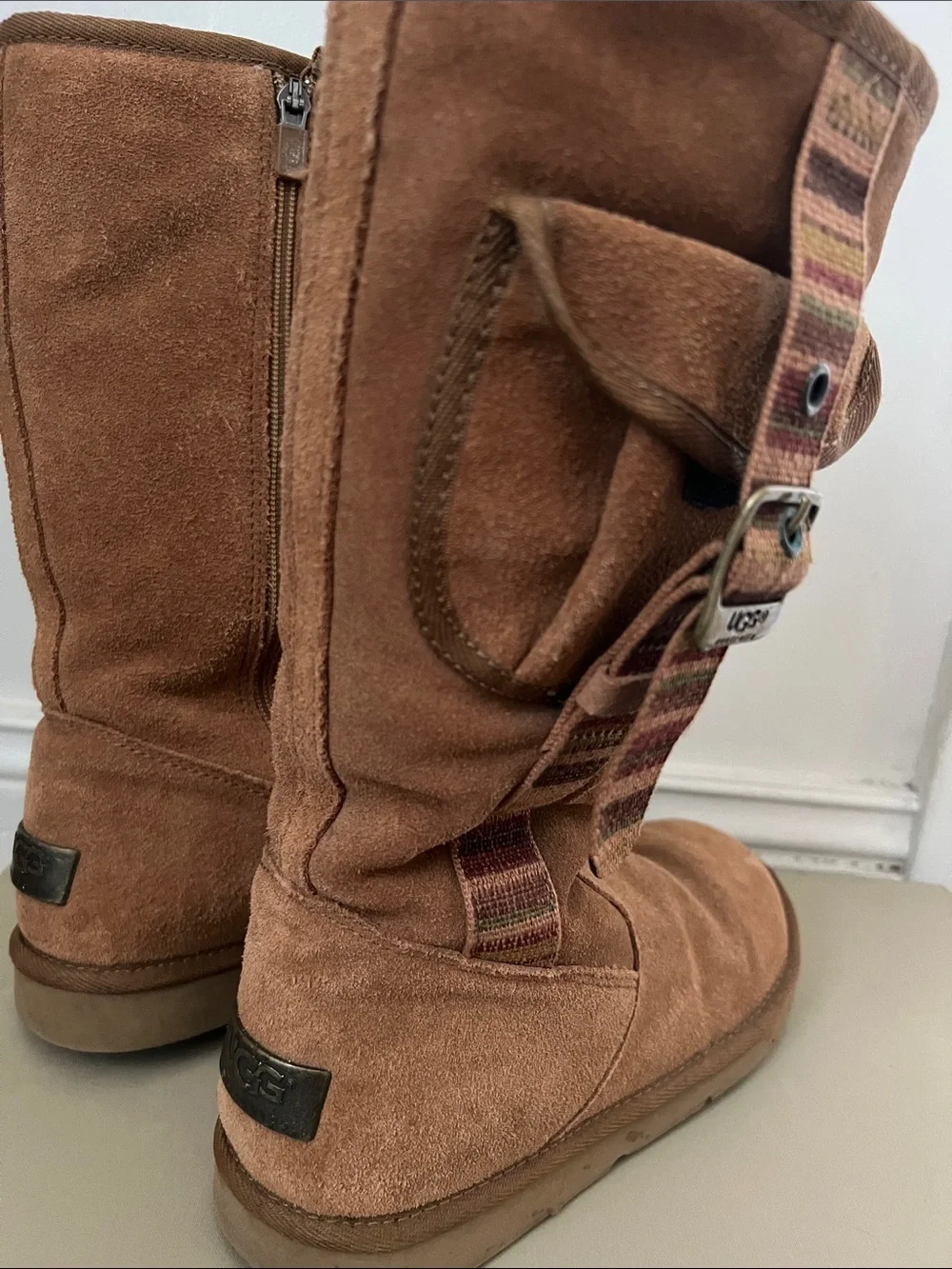 UGG Tall Chestnut Brown Suede Shearling Boots with Side Pocket Strap